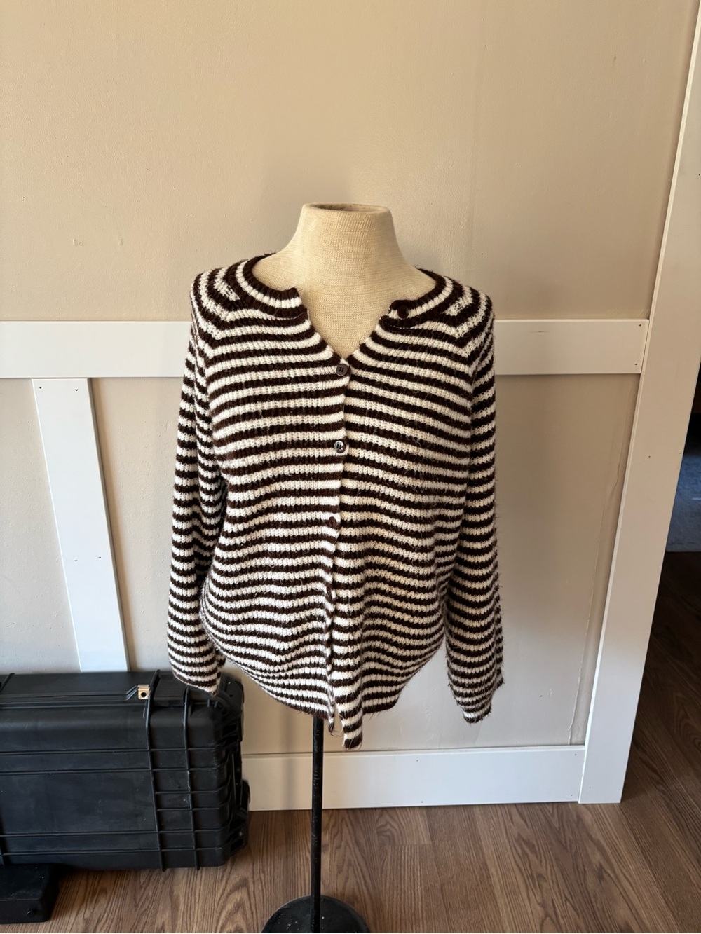Striped Brown and White Button-Front Women's Sweater